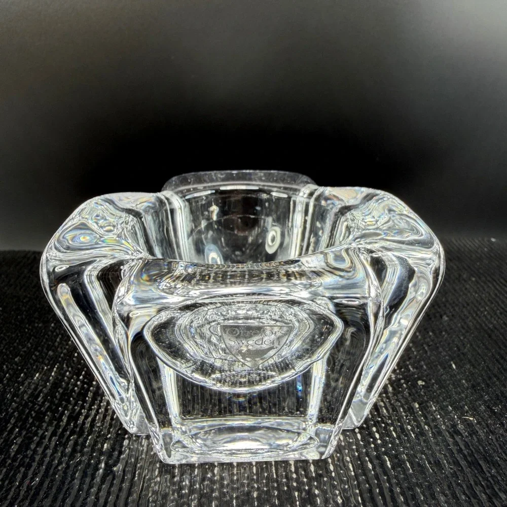 Orrefors Sweden Corona Crystal Votive Candle Holder Set of 2 Lars Hellsten Clear